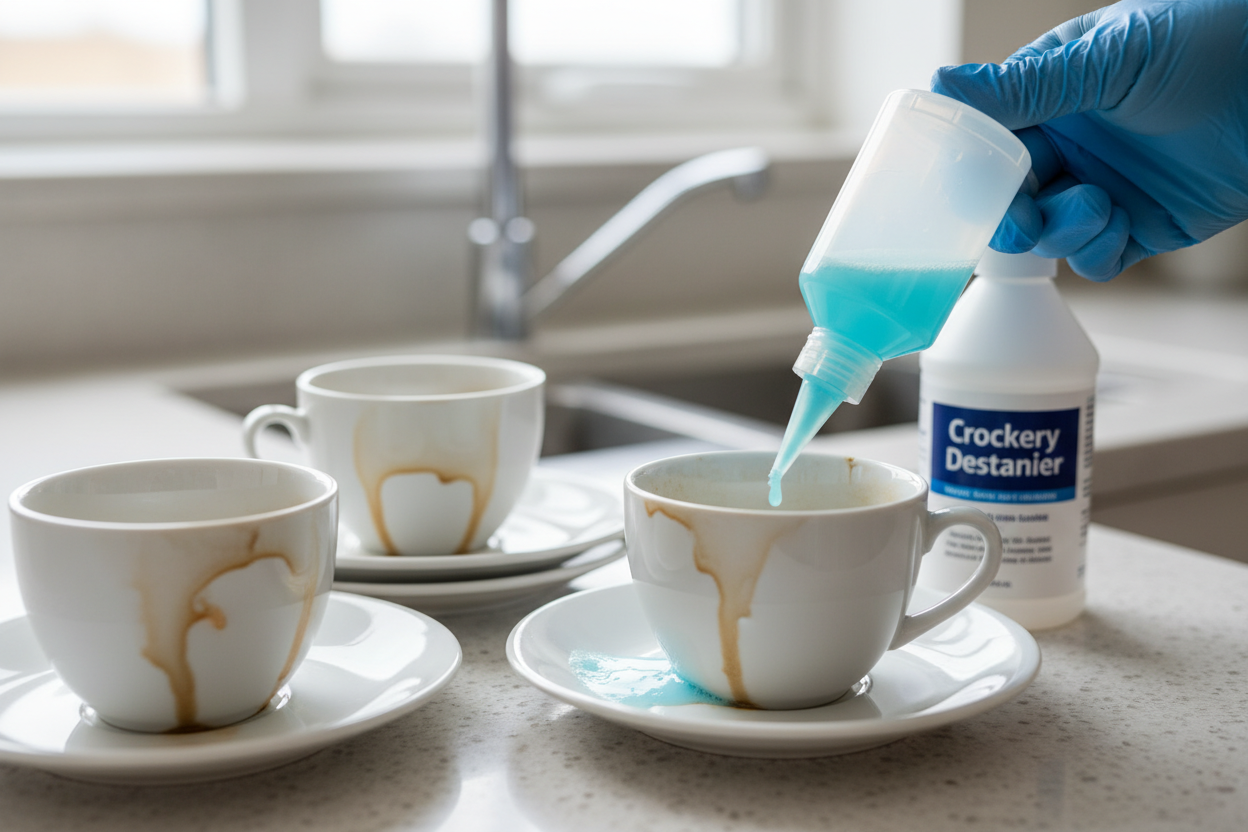 Crockery Destainer being put on stains on crockery using a spotter