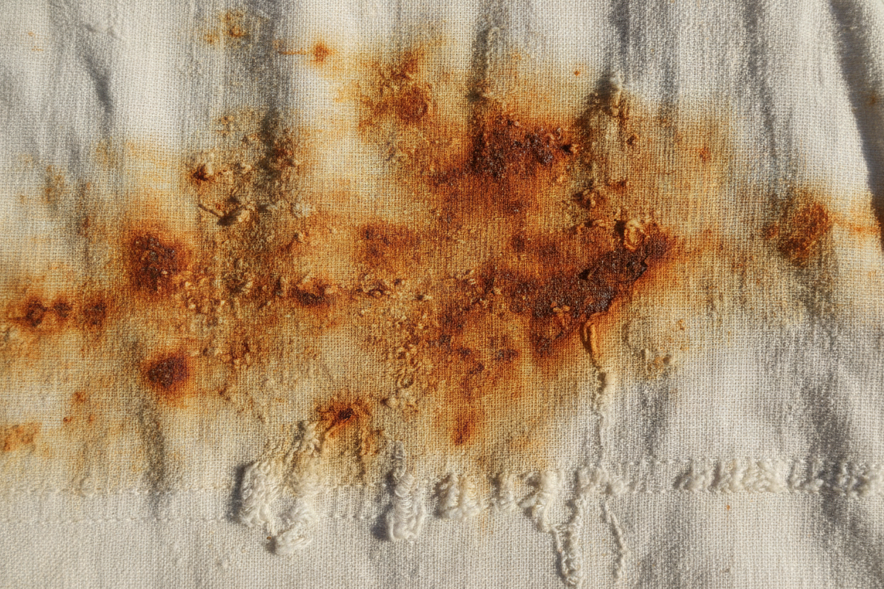 Rust on clothes in one image, and no rust on clothes in second image. No branding