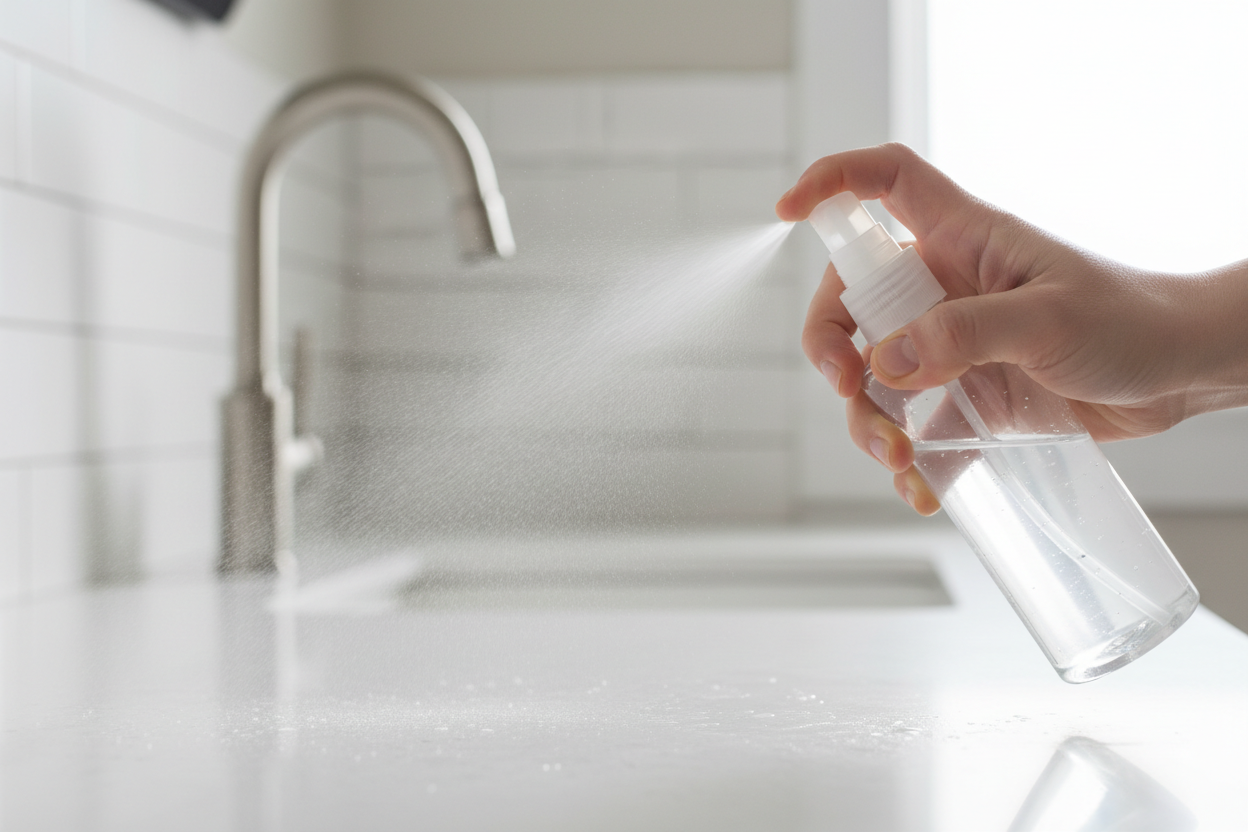 Surface Sanitizer being sprayed on a surface, no labels 
