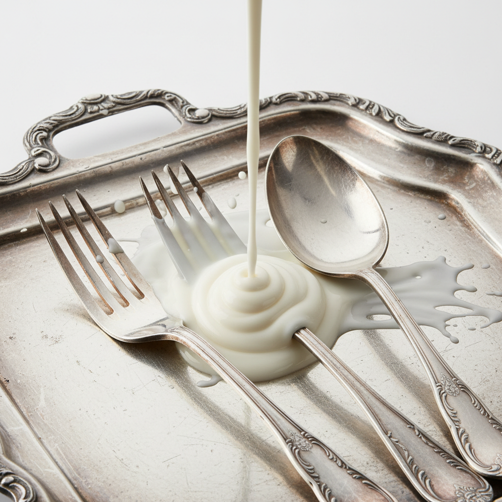 Unbranded, cleaning product, show the product flowing on silver and cleaning it 